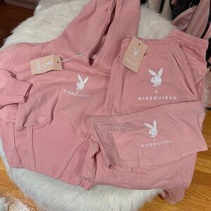 Playboy Missguided 2018 Small NEW Pink Playboy Set Corset Hoodie Joggers Top